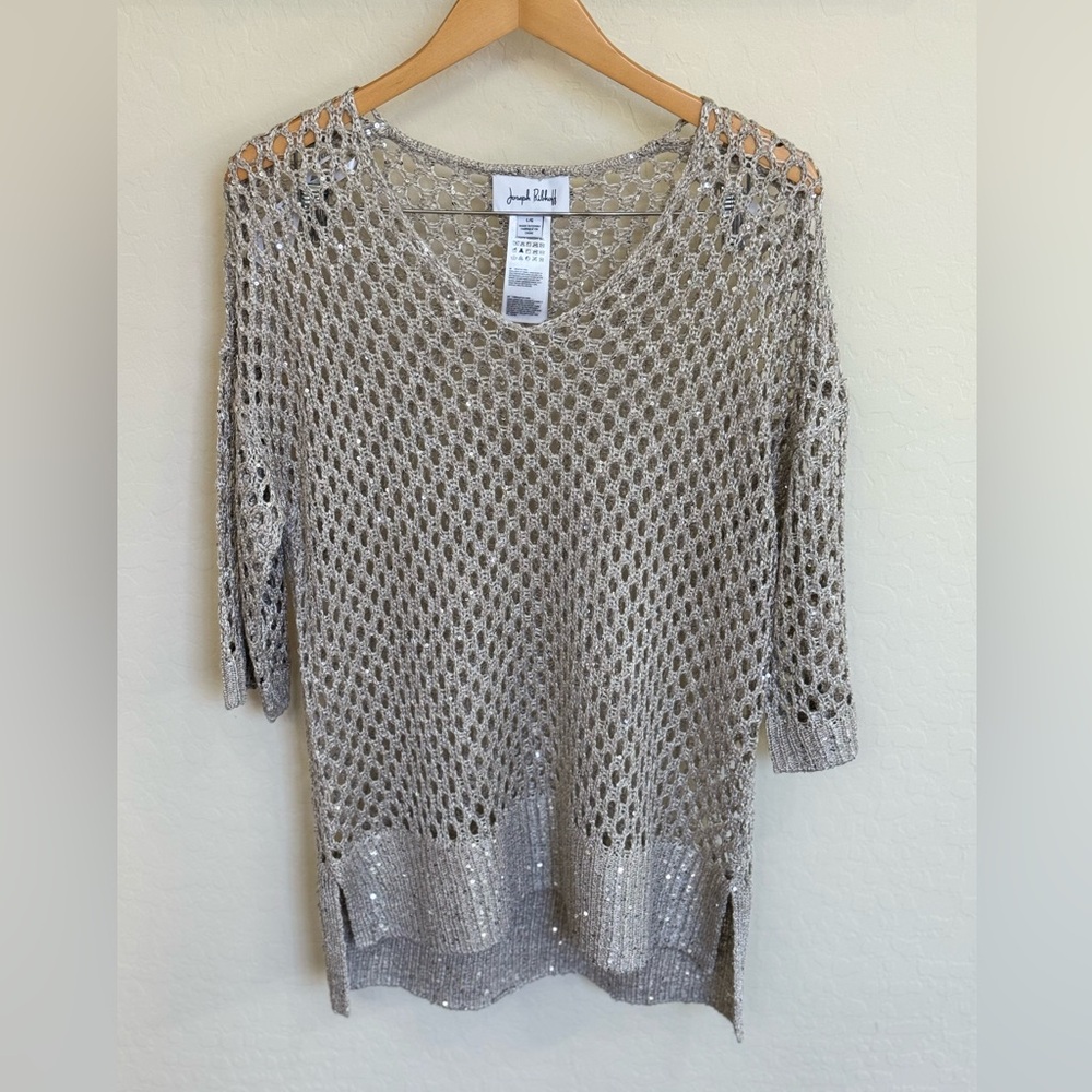 Joseph Ribkoff Open Stitch Metallic Cream Scoop Neck Sweater w Sequins Boho Luxe